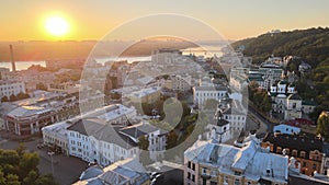 Historical district of Kyiv - Podil in the morning at dawn. Ukraine. Aerial view