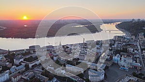 Historical district of Kyiv - Podil in the morning at dawn. Ukraine. Aerial view