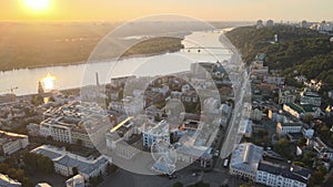 Historical district of Kyiv - Podil in the morning at dawn. Ukraine. Aerial view