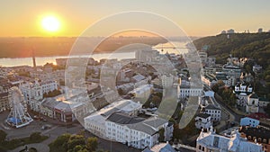 Historical district of Kyiv - Podil in the morning at dawn. Ukraine. Aerial view