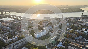 Historical district of Kyiv - Podil in the morning at dawn. Ukraine. Aerial view