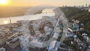 Historical district of Kyiv - Podil in the morning at dawn. Ukraine. Aerial view