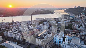 Historical district of Kyiv - Podil in the morning at dawn. Ukraine. Aerial view