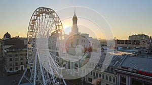 Historical district of Kyiv - Podil in the morning at dawn. Ukraine. Aerial view