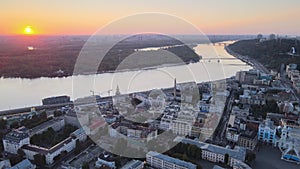 Historical district of Kyiv - Podil in the morning at dawn. Ukraine. Aerial view