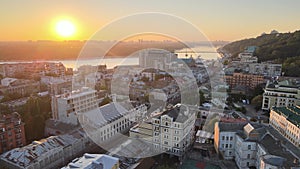 Historical district of Kyiv - Podil in the morning at dawn. Ukraine. Aerial view