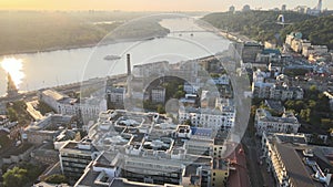 Historical district of Kyiv - Podil in the morning at dawn. Ukraine. Aerial view