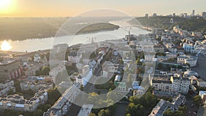 Historical district of Kyiv - Podil in the morning at dawn. Ukraine. Aerial view