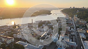 Historical district of Kyiv - Podil in the morning at dawn. Ukraine. Aerial view