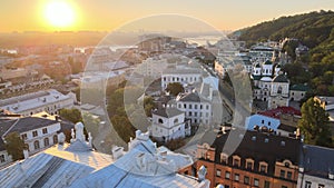 Historical district of Kyiv - Podil in the morning at dawn. Ukraine. Aerial view