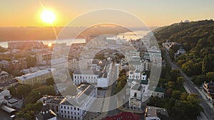 Historical district of Kyiv - Podil in the morning at dawn. Ukraine. Aerial view