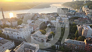 Historical district of Kyiv - Podil in the morning at dawn. Ukraine. Aerial view