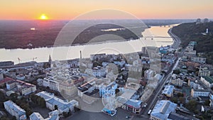 Historical district of Kyiv - Podil in the morning at dawn. Ukraine. Aerial view