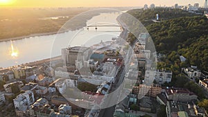 Historical district of Kyiv - Podil in the morning at dawn. Ukraine. Aerial view