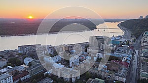 Historical district of Kyiv - Podil in the morning at dawn. Ukraine. Aerial view