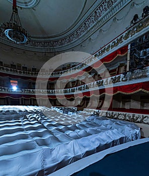 Historical empty vintage inside. Interior of old abandoned theatre.