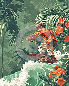 A historical explorer in jungle gear surfing on an old wooden board among lush, uncharted tropical forests photo