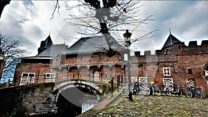 Historical gate with towers in Amersfoort seen from the backside