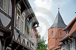 Historical half-timbered house and church