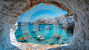Historical Harbor View Through a Deep Blue Hole in a Stark White Wall photo