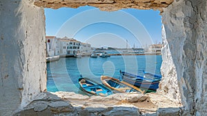 Historical Harbor View Through a Deep Blue Hole in a Stark White Wall photo