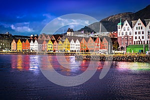Historical houses of Bryggen, Bergen at night.