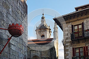 Historical houses and church in hondarribia in basque country