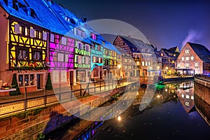 Historical houses illuminated for Christmas in Colmar, Alsace, France