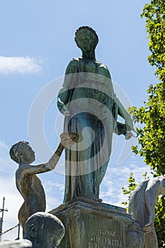 Historical Hygieia fountain with bronze figures in Karlsruhe