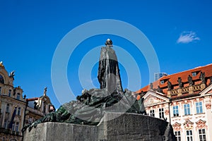 The historical Jan Hus Memorial at Old Town Square in Prague