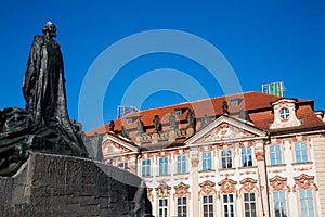 The historical Jan Hus Memorial at Old Town Square in Prague