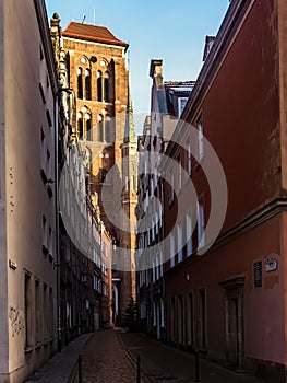 Kaletnicza street with view to Basilica of St. Mary of the Assumption of the Blessed Virgin Mary, Gdansk, Poland