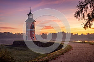 Historical landmark and cultural property Leuchtturm in Moritzburg, Germany at a beautiful sunset