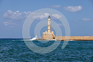 historical lighthouse of Chania on Crete at summer, Greece