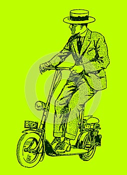 Historical man riding motor scooter. Isolated on green background after lithography from the early 20th century