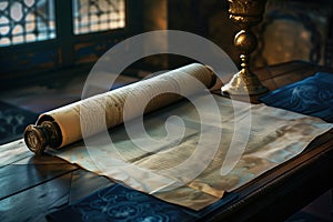 Historical manuscript and ancient scroll on old table