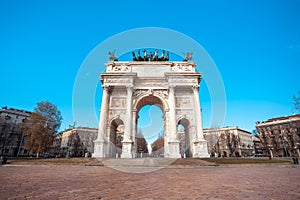 Historical marble arch Arco della Pace, Sempione square, Milan,