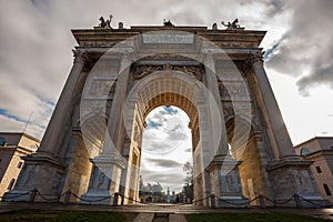 Historical marble arch Arco della Pace, Sempione square, Milan,