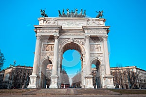 Historical marble arch Arco della Pace, Sempione square, Milan,