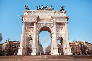 Historical marble arch Arco della Pace, Sempione square, Milan,