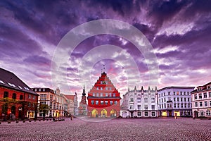 historical market of Greifswald in the sunset