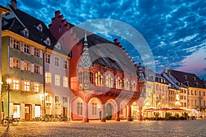 Historical Merchants Hall at dusk in Freiburg