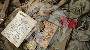Historical Military Decorations, Aged Letters, Service Ribbons, Cap Scattered, Telling Tales Of Valor photo