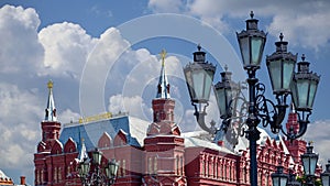 Historical Museum on a cloud background. Red Square, Moscow, Russia. Historical Museum-- inscription in russian