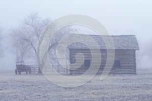 Historical museum at Fort Missoula, MT in fog photo