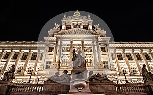 Historical Neo-Renaissance building of National Museum in Prague by night, Czech Republic