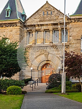 Historical old court house. County Courthouse located in Nanaimo BC Canada. Facade of an old historical building