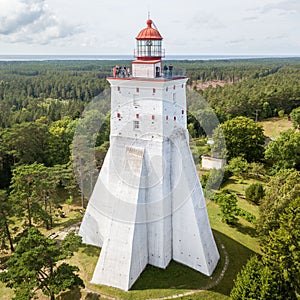 Historical old KÃÂµpu lighthouse (Kopu lighthouse), Hiiumaa island, Estonia aerial drone photo. Birds eye view photo