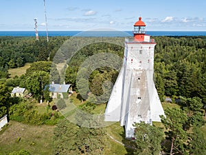 Historical old KÃÂµpu lighthouse (Kopu lighthouse), Hiiumaa island, Estonia aerial drone photo. Birds eye view photo