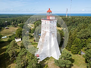 Historical old KÃµpu lighthouse (Kopu lighthouse), Hiiumaa island, Estonia aerial drone photo. Birds eye view